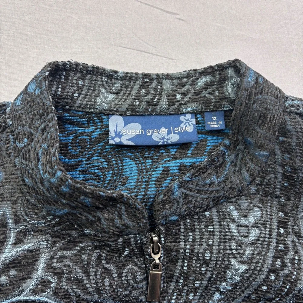 Susan Graver Style‎ Blue Black Paisley Jacquard Zip Jacket Womens 1X Mock Neck
